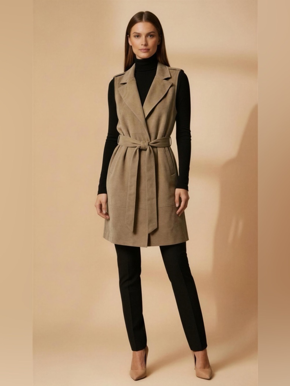 Zara Beige /Tan Sleeveless Faux Suede Belted Vest Size S